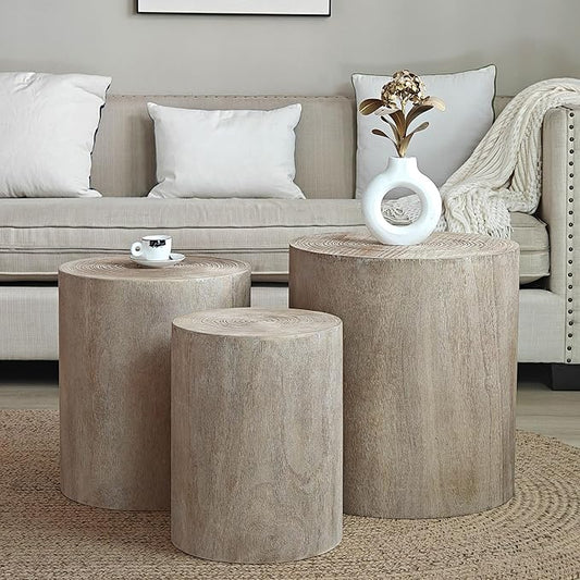 kevinplus Round Nesting Small Coffee Table Side Table End Set of 3 for Living Room Bedroom, Farmhouse Countryside Style, No Assembly, Natural Wood