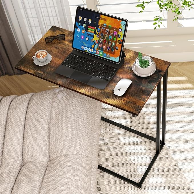 C-Shaped Side Table, Modern End Table with Metal Frame, Space Saving Design for Living Room，Large Surface Couch Table for Bedroom, and Home Office，24 x 12 x 24 inches (Brown)