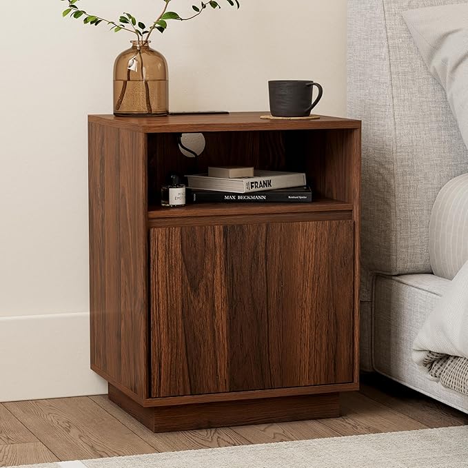 Farmhouse Nightstand with Door, Wood Storage End Table with Charging Station & Open Shelf, Bedside End Tables for Bedroom, Sofa, Brown