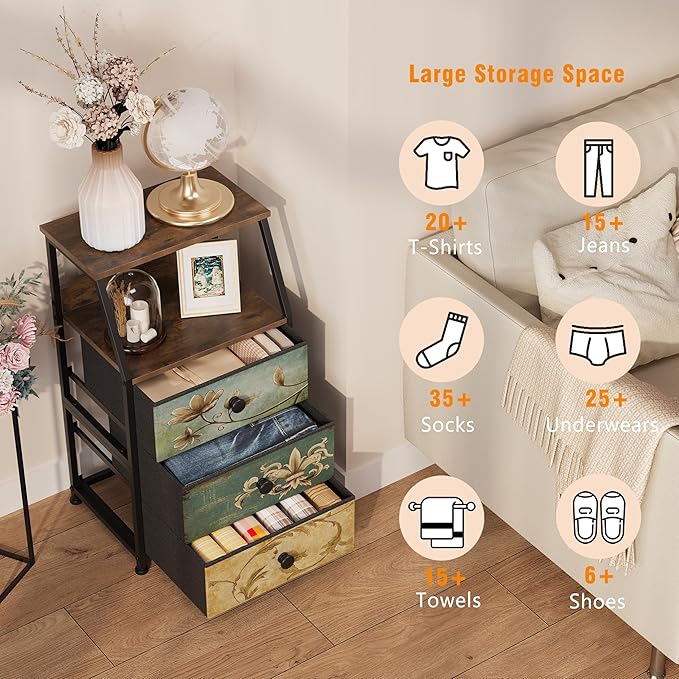 Tohomeor Dresser with Fabric Drawers Nightstand with 2 Tier Shelf Storage Tower for Bedroom Hallway Entryway Closet Organizer Sofa Beside Table Furniture (Multi, 3 Drawers)