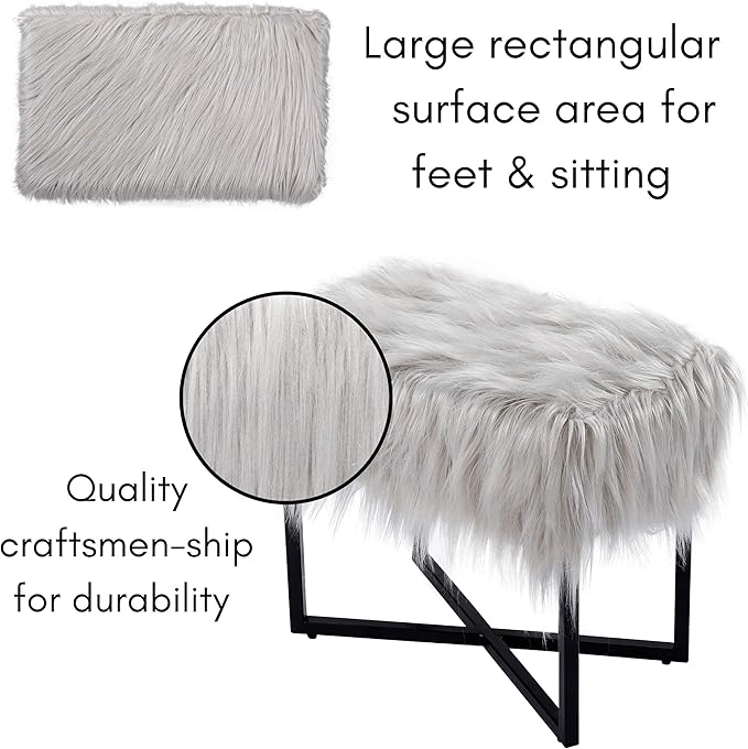 BIRDROCK HOME Rectangular Faux Fur Vanity Stool Ottoman w/Black Metal Legs - Small Fluffy Makeup Seat - Cute Foot Rest for Bedroom, Desk, or Dressing Table - Compact Chair for Girls Dorm Room - Grey