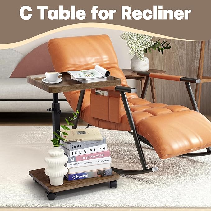 Aoligrace C Table End Table Adjustable Height, 360° Swivel Side Table with Wheels, Small TV Tray Table for Living Room Bedroom, Couch Tables That Slide Under for Sofa Bed Chair