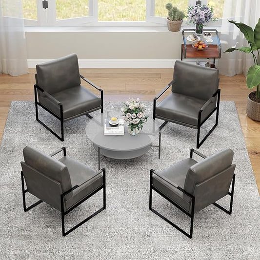 INZOY Mid Century Modern Accent Chair with Removable Cushions Set of 4, Comfy PU Leather Living Room Chairs with Thicker Backrest and Cushion, Metal Frame Design, Dark Grey