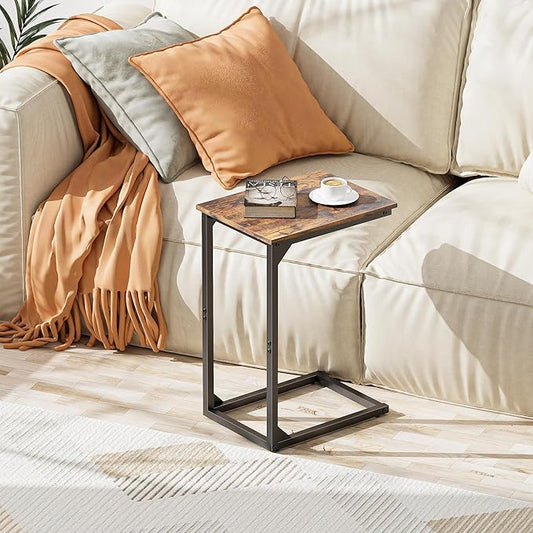 C-Shaped Side Table, C-Table for Sofa, Couch Table with Metal Frame, Large Surface Sofa Table for Living Room（Brown）