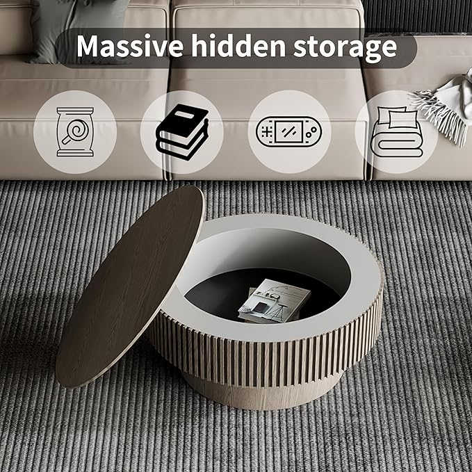 31.5 Inch Round Drum Coffee Table with Storage, Handcraft Fluted Drum Coffee Table, Modern Wooden Round Coffee Table Center Table with Sturdy Pedestal for Living Room Apartment (Grey)