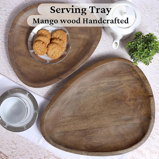 2 Pack Rustic Wooden Serving Tray - Oval Handcrafted Decorative Tray with Felt Base - Coffee Table, Bathroom Vanity, Kitchen Counter Organizer 12 & 14 Inches (Brown)- CLEENTABLE