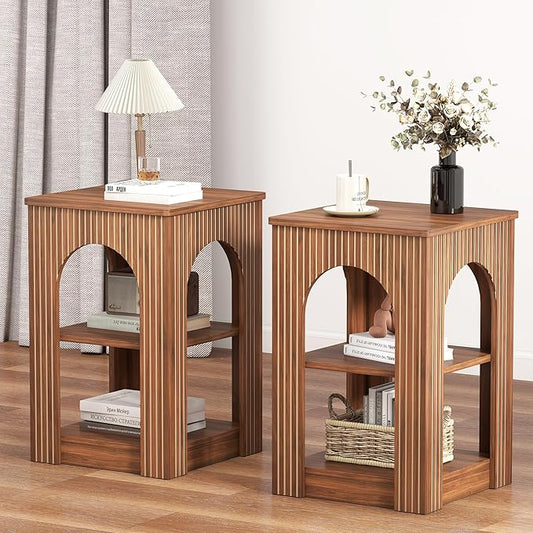End Table Set of 2, Mid-Century Modern Side Table with 3-Tier Storage Shelves and Arched Carving Lines, Square Fluted Nightstand for Living Room, Bedroom, or Office (2, Walnut)