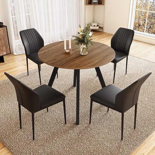 34.6'' Round Dining Table and Chairs for 4 Space Saving for Apartment Kitchen Dining Room (Walnut Table+4 Black Chairs)