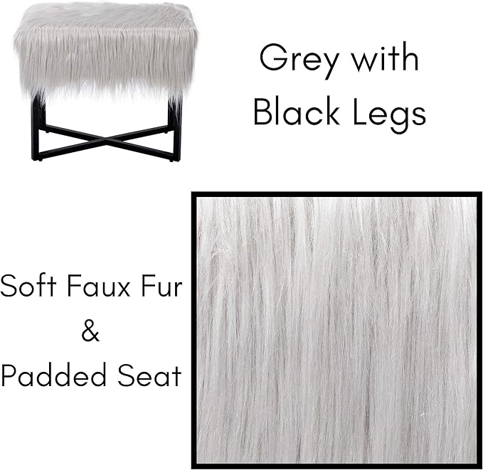 BIRDROCK HOME Rectangular Faux Fur Vanity Stool Ottoman w/Black Metal Legs - Small Fluffy Makeup Seat - Cute Foot Rest for Bedroom, Desk, or Dressing Table - Compact Chair for Girls Dorm Room - Grey