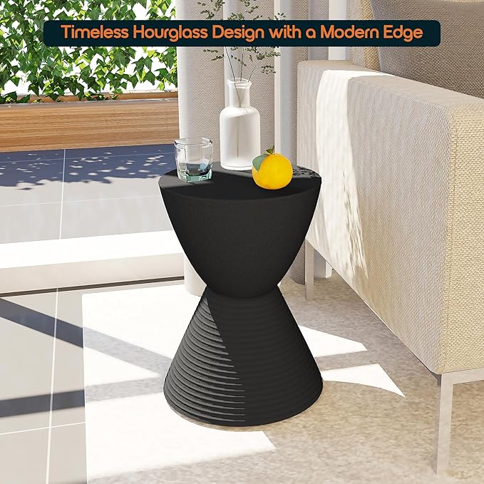 LeisureMod Black Side Table – Modern Hourglass Drum End Table with Storage, Removable Lid – Compact Accent Table for Indoor & Outdoor Use
