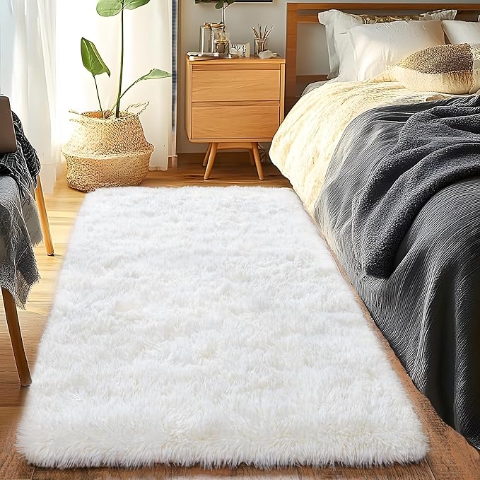 Runner Rugs for Bedroom 2x6 Rug Runners for Hallways Non Slip Soft Shag Bedside Rug, Fluffy Area Rug Throw Rugs for Living Room, Floor Carpet Runner for Nursery Kids Dorm, Cream White