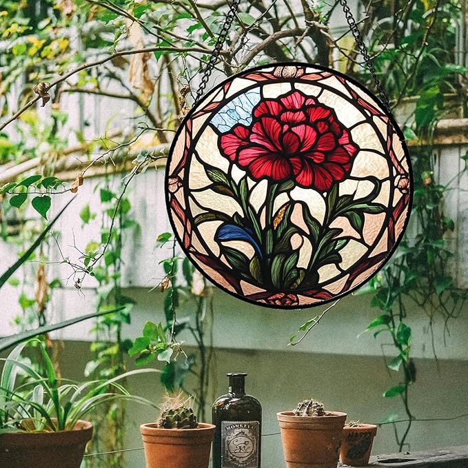 Stained Glass Window Hanging - Red Carnation Birth Flower Sun Catcher for Door Garden Home Decor Suncatcher Christmas Mother's Day Birthday Gifts for Women Men Mom Nana Friend Wife 15 in