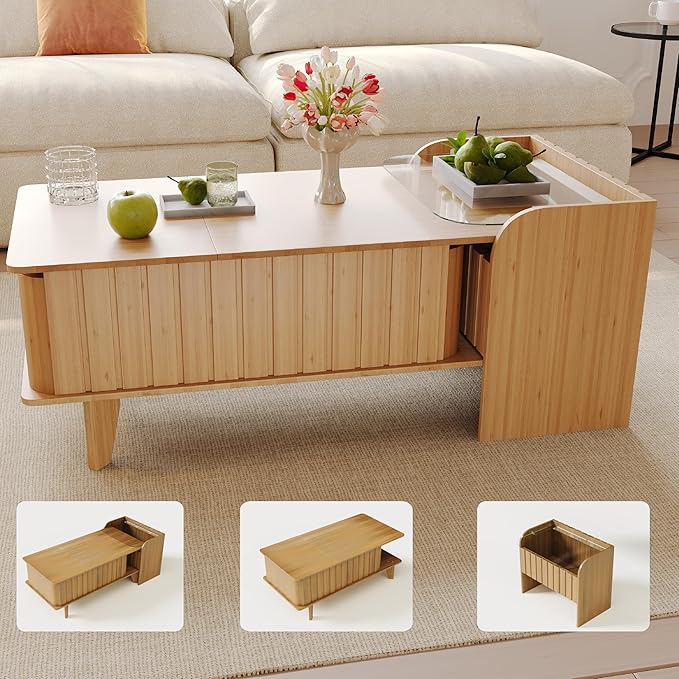 Extendable Coffee Table with Storage, Wood Coffee Table with Hidden Compartment, Expandable Coffee Tables with Side Table for Living Home(Natural)