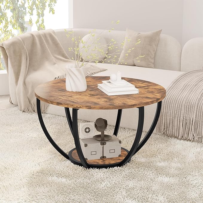 HOMERECOMMEND 28" Round Coffee Table with Storage,2-Tier Wood Accent Center Table for Living Room,Sofa Table for Home Office, Brown