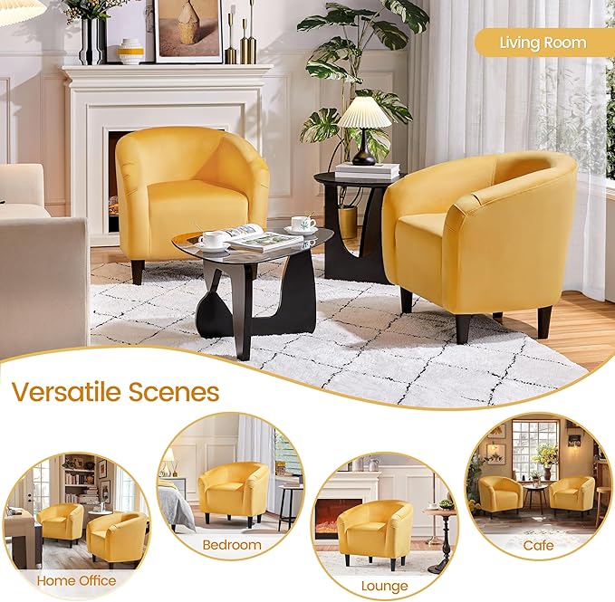 Yaheetech Accent Barrel Chair, Velvet Club Chair, Furry Sherpa Elegant Armchair with Cozy Soft Padded, Suitable for Living Room Bedroom Reception Room Office, Yellow