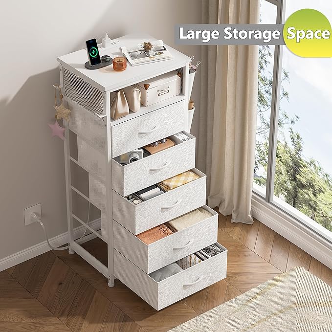 EnHomee Tall Night Stand Set 2 with 5 Drawers, LED Nightstand with Ports & Outlets, White Dresser with Extra Side Bag & Storage Shelf & Hooks, Bedroom, Dorm, Closet