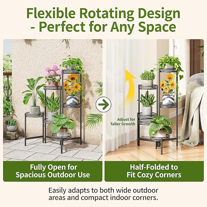 6 Tier Large Plant Stand Indoor with 7.9-Inch Wide Drainage Tray, Tiered Corner Metal Outdoor Flower Display Holder Shelf, Folding Tall Rack for House Patio Porch Balcony Graden - BlackFlower