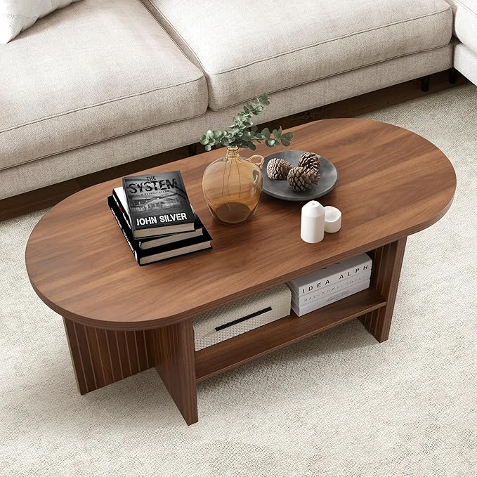 43.3” Coffee Table with Storage, Oval Coffee Tables for Living Room, Farmhouse Fluted Coffee Table with Large Storage Shelf, Wood Center Table for Small Space, Walnut