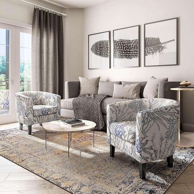 BELLEZE Living Room Chairs Set of 2, Linen Round Accent Barrel Chairs, Club Tub Sofa Chairs for Bedroom, Corner Chairs with Flared Legs and Cozy Soft Padding - Highland (Blue Coral)