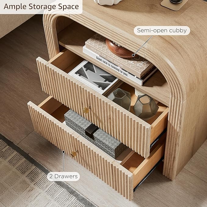 T4TREAM 24" Fluted Nightstand Set of 2, Large 2 Drawers Bedside Table with Charging Station, Modern End Table with Storage Night Stand for Bedroom, Living Room, Round Curved Corner Design, Natural Oak