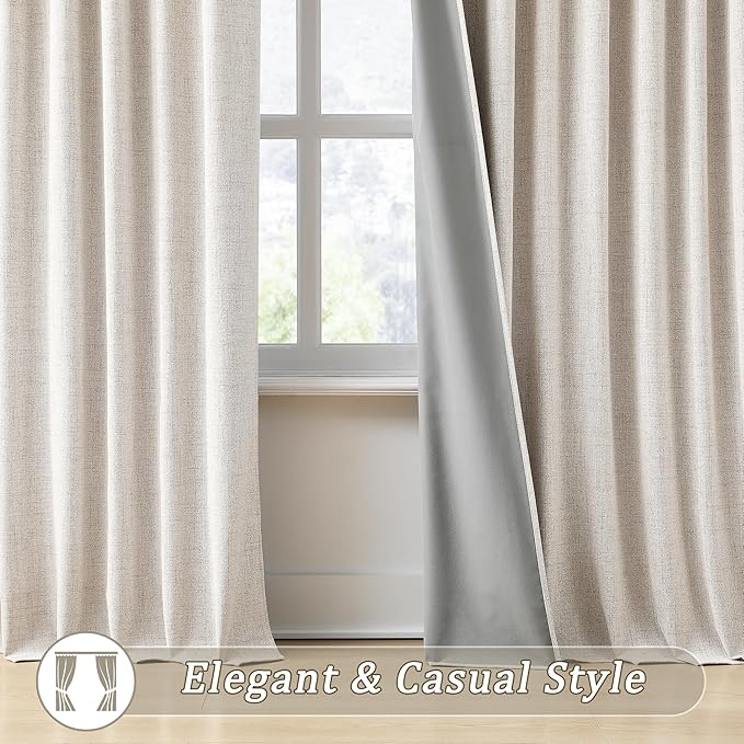 92 Inch Long Curtains Blackout 2 Panels,Custom Made Modern Neutral Soundproof Elegant Decorative Dark Out Linen Cottage Nursery Draperies for Living Room 50x92-in Linen Beige