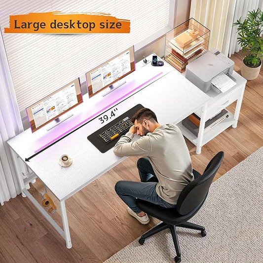 Computer Desk with Printer Shelf & Storage Shelves,48.1 Inch Gaming Desk with LED Lights & Power Outlet,Office Desk with Headphone Hook,Reversible Corner Desk for Small Space,White
