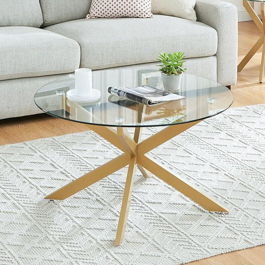 Round Glass Coffee Tables for Living Room, Home Office, Modern & Simple Center Table with Clear Tempered Glass Top, 35.5" Wx19.7 H Gold
