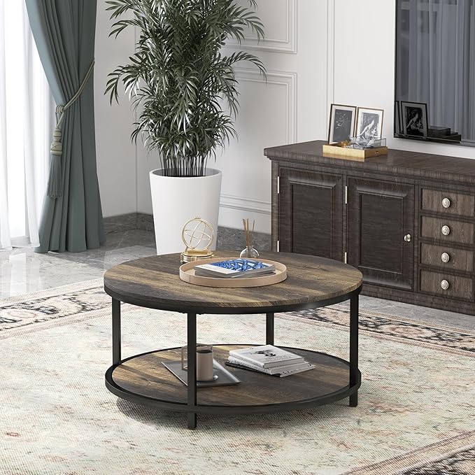 WiberWi Round Coffee Table 35.8" Rustic Vintage Industrial Design Furniture Sturdy Metal Frame Legs Sofa Table Cocktail Table with Storage Open Shelf for Living Room, Easy Assembly, Dark Brown