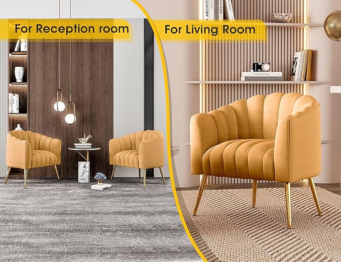 Oversized Pumpkin Couch Accent Chair, Modern Comfy Velvet Upholstered Barrel Chairs, Luxury Single Sofa Armchair for Living Room, Waiting Room, Office and Vanity, (Mustard)