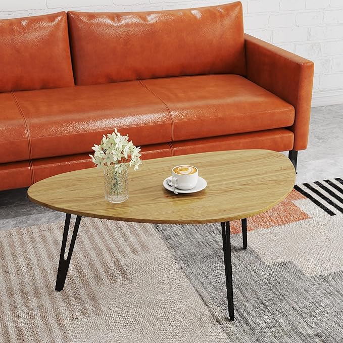 Manora Modern Mid Century Coffee Table, Oval Triangle Wood Center Table with Sturdy Metal Legs, Stylish Living Room Accent Table for Small Spaces