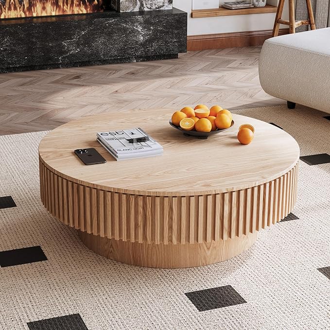 39.37 Inch Round Drum Coffee Table with Storage, Handcraft Fluted Drum Coffee Table, Modern Wooden Round Coffee Table Center Table with Sturdy Pedestal for Living Room Apartment(Natural)