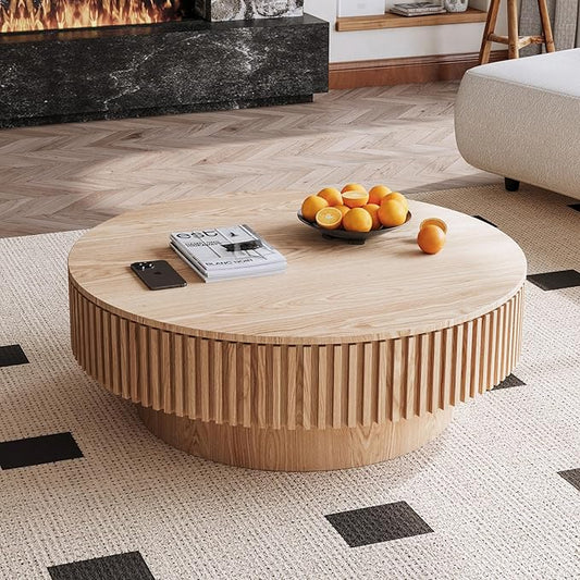 Round Coffee Table with Storage, 39.37" Modern Solid Wood Veneered Drum Coffee Table Circle Wood Side End Table Accent Center Table for Living Room, Small Space, Apartment, Oak