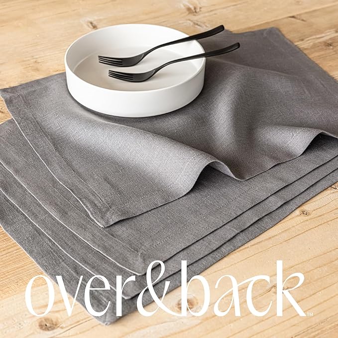 Over&Back Set of 4 Washed 100%-Linen Woven Placemats - Colorful Dining Table Mat - Machine Washable - Kitchen and Home Decor - Grey
