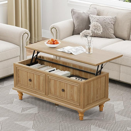 Lift Top Coffee Table for Hidden Compartment, 39" Wood Rectangular Center Table with Lift Tabletop, Sturdy Space-Saving Dining Table for Living Room Home Office Small Space (Natural)