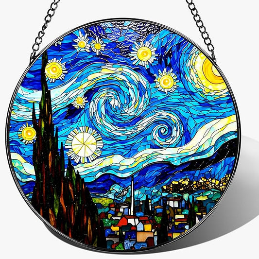8'' Van Gogh Starry Night Sun Catcher Ornament, Stained Glass Window Hanging, Sun Catchers for Windows Hanging Ornaments, Window Decor, Ideal Gift | Gifts for Art Lovers, Friends, Family