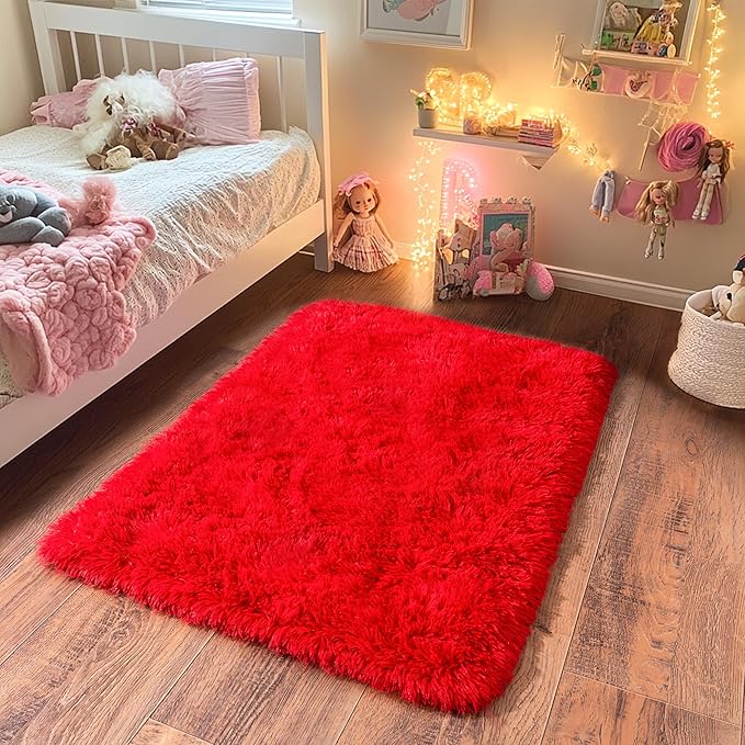 Small Area Rug, 2x3 Red Rug for Bedroom Shaggy Throw Rugs for Girls Room, Soft Carpet for Kids Room, Plush Non-Slip Fluffy Bedside Rug for Living Room Nursery Dorm Home Decor