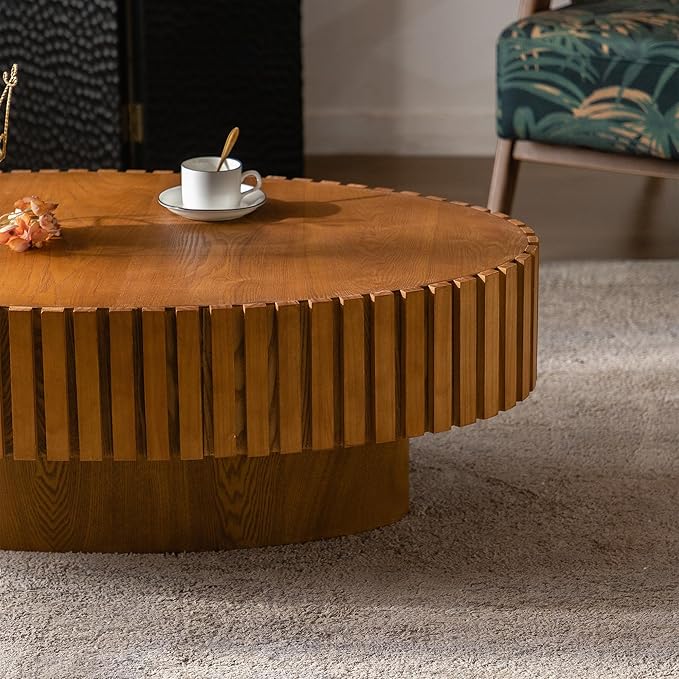 39.37 Inch Round Drum Coffee Table, Modern Handcraft Fluted Drum Coffee Table, Wooden Round Coffee Table Center Table with Sturdy Pedestal for Living Room Apartment (Wood Color)