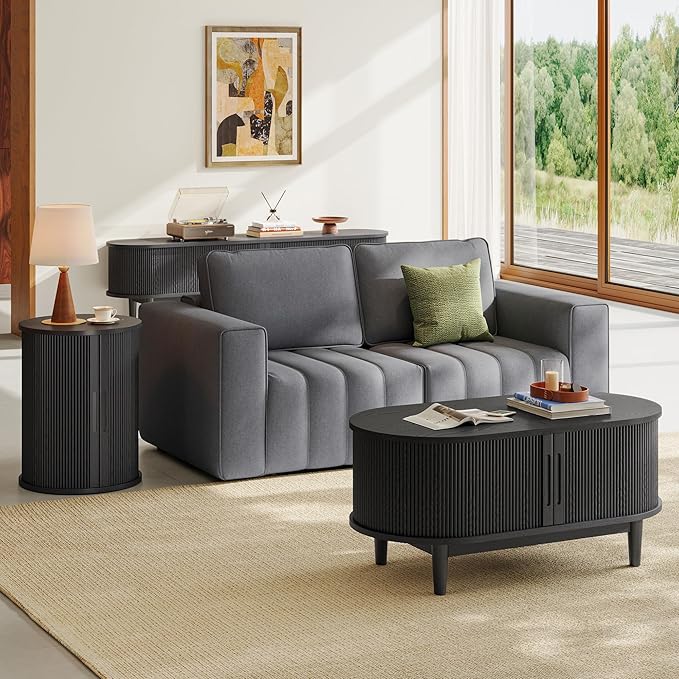 LINSY HOME Round Fluted End Table, Tall Side Table with Sliding Tambour Door and Storage Shelf, Mid Century Modern Nightstand for Living Room, Bedroom, Black