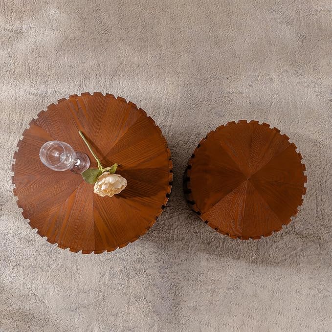 Nesting Coffee Table Set of 2, Modern Round Wooden Circle Accent Coffee Tables for Small Spaces Living Room Bedroom Balcony Office Drum Side Table