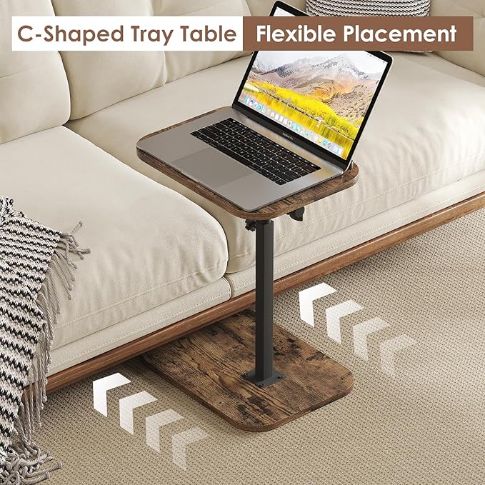 Side Table Sofa Tv Tray Height Adjustable C Shaped End Table 360° Swivel Overbed Living Room Couch Table, Rustic Brown