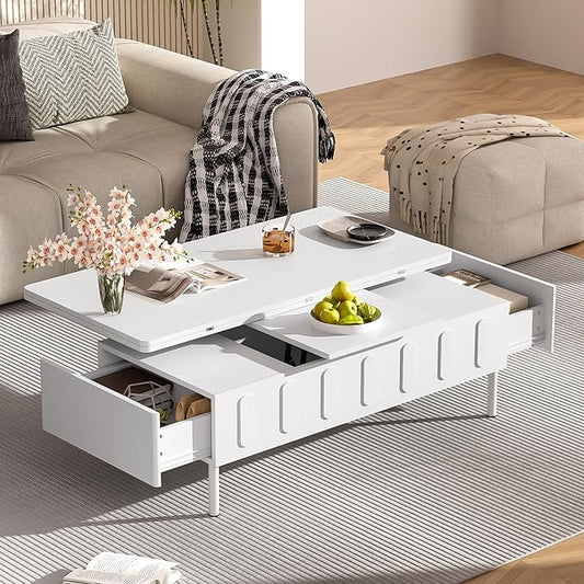 43.3-Inch Lift Top Coffee Table with Hidden Storage & 2 Drawers, Modern Multifunctional Center Table with Foldable Top for Living Room, White