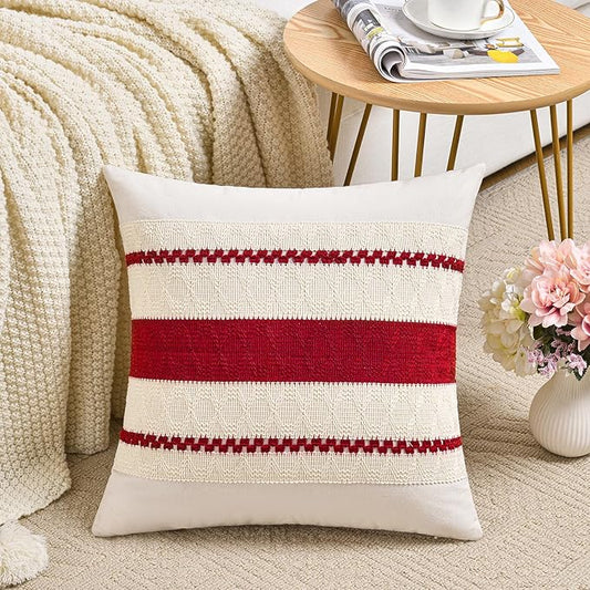 Fancy Homi Set of 2 Boho Red Decorative Throw Pillow Cover 18x18 Inch for Couch Bed Sofa, Aesthetic Modern Organic Farmhouse Home Decor, Soft Cotton Cute Accent Macrame Woven Cushion Case