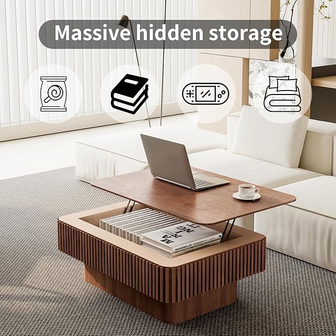 38.6'' Lift Top Fluted Coffee Table with Hidden Compartment, Modern Rectangular Wooden Center Table Cocktail Tea Table with Storage and Adjustable Height for Living Room Apartment, Walnut