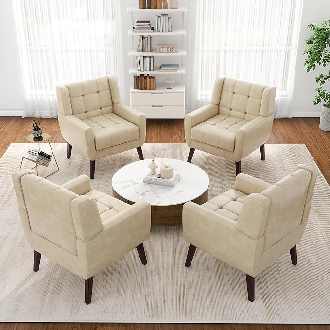 Pia Ricco 2 Pack Mid Century Modern Accent Chairs, Button Tufted Faux Leather Armchairs - Easy-Clean Matching Set for Living Room, Durable Sofa Chairs for Home Office & Lounge, Cream