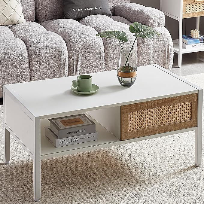 Modern Rattan Coffee Table, Living Room Center Table with Sliding Door Storage, Metal Legs Stylish Rustic Brown Woven Design, Sturdy & Spacious,White