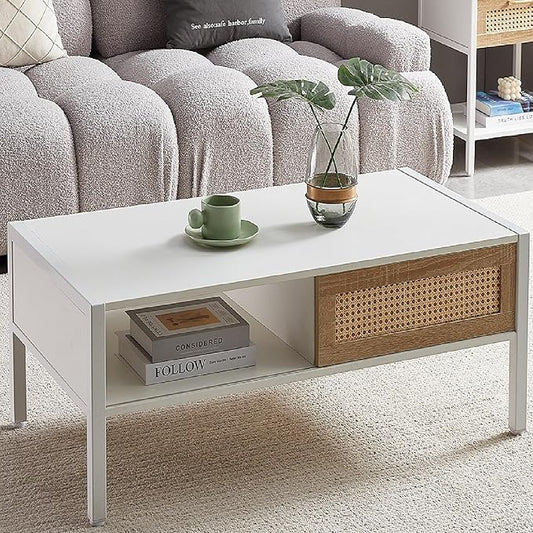 Modern Rattan Coffee Table, Living Room Center Table with Sliding Door Storage, Metal Legs Stylish Rustic Brown Woven Design, Sturdy & Spacious,White