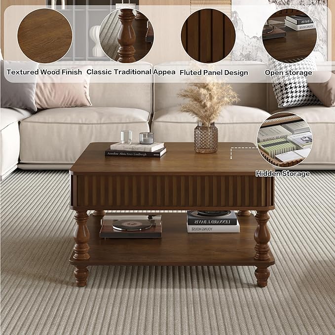 31.5" Lift Top Fluted Coffee Table with Hidden & Open Storage, Modern Square Wooden Center Table Cocktail Tea Table with Curved Safety Corners and Adjustable Height for Living Room, Walnut