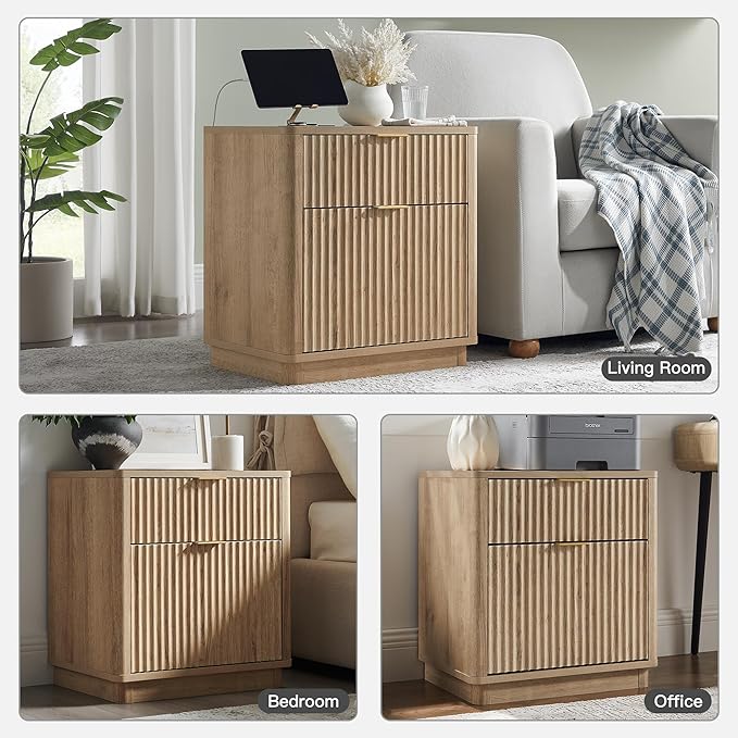 T4TREAM 23'' Fluted Nightstand Set of 2 with Charging Station, Large 2 Drawer Bedside Table, Modern End Table with Storage, Mid Century Night Stand for Bedroom Living Room, Curved Profile, Natural Oak