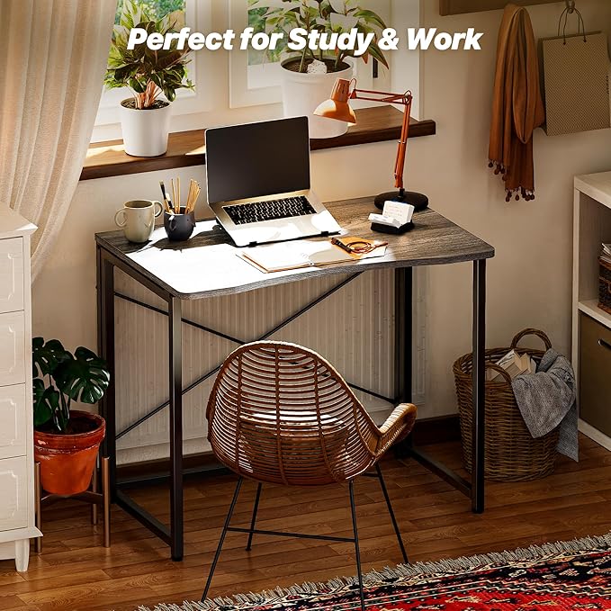 Huuger Folding Desk for Small Spaces, 31.5 Inch Foldable Computer Table, for Home Office, Study, Bedroom, Dorm, Space Saving, Small Writing Work Office Computer Desk, Easy to Fold, Grey