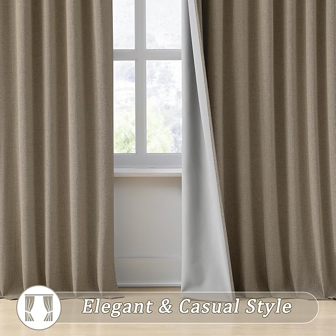 RAIN CITY Extra Wide Blackout Curtains 102 Inches Long 2 Panels Set,70 Inch Wide Back Tab Pleated Curtains with Hooks Track System,Energy Efficinet Drapes for Living Room Farm 70x102,Linen Brown